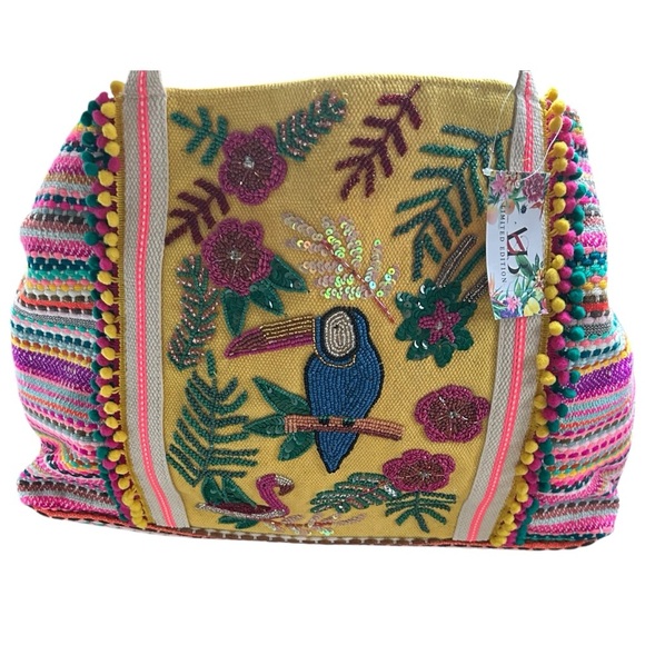 NWT America and Beyond Flamingo Bird Toucan Beaded Pom Embroidered Beach Tote - Picture 9 of 9